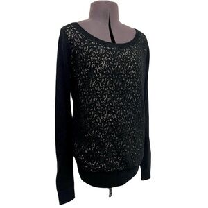 Ann Taylor Loft Black Sheer Lace Sweater with Tan Chiffon Panel Size S